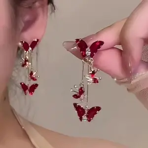 2Pcs Trendy Rhinestone Butterfly Long Tassel Earrings, Elegant Drop Dangle Earrings Set, Statement Jewelry for Banquet, Prom and Casual Styling⁠