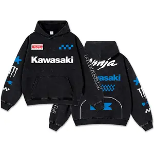 Retro Blue Monster Ninja Racing Washed Hoodie MotoGP World Champion Enthusiast Apparel Streetwear Helmet Racing Team Super Motorsports Clothing Riders Motocross Off-Road Dirt Bike Fan Gear Cotton For Motor Fan Relaxed Fit Pullover Menswear