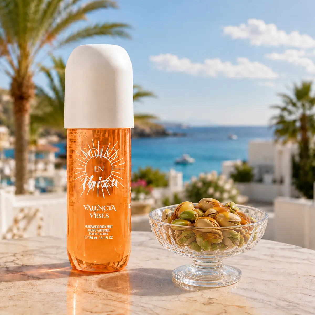 SOLO EN IBIZA Valencia Vibes Hair and Body Mist - 6.1 fl oz Long-Lasting Gourmand Beauty Perfume with Pistachio, Salted Caramel, Sandalwood, Vanilla Scents, Floral Notes, Contains Alcohol, Cruelty-Free, Multi-Pack Compatible Hair Tips & Cloths Accessory