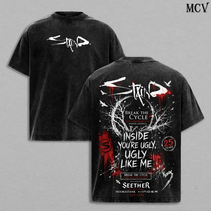 STAIND Band Tee Washed – Break The Cycle 25th Anniversary Tour Vintage Menswear Top Heavy Cotton Underwear Double Printed Unisex Oversize Alternative Metal Post-Grunge Hard Rock Graphic, STAIND Band T-Shirt