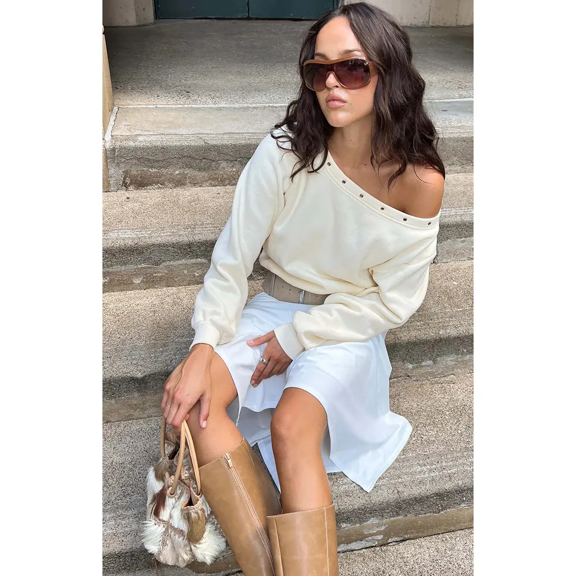 Bambi Cream Asymmetric Neckline Eyelet Sweater
