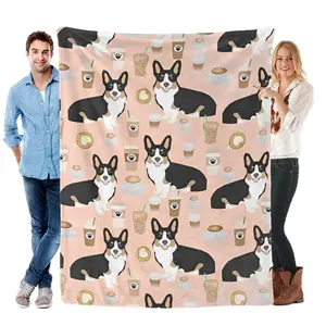Fashion Flannel Fleece Throw Blanket, Welsh Corgi Tri Colored Coffee Lover Dog Corgis Cafe Latte Throw for Better Sleep, Wrinkle-Resistant Air Conditioning Blanket 50"X40", Printed on One Side with a Plain White Back, Halloween Thanksgiving Christmas Gift