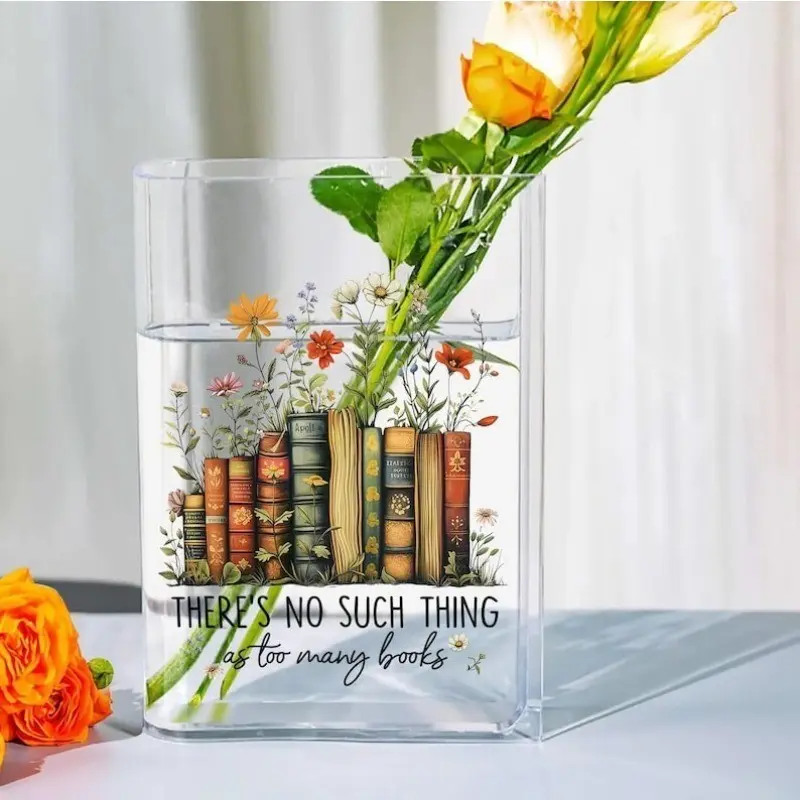 Acrylic Book-Shaped Decorative Vase, Transparent Material, Clear Acrylic Vase, Beautiful Printed Pattern, Desk Office Decor, Home Decoration, Flowers, Perfect Gift for Book Lovers, Christmas Presents