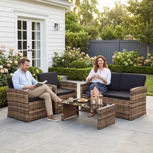 MURAGO 4-Piece Modern Patio Set, Outdoor Wicker Conversation Set with Matching Loveseat, Rattan Armchairs, Coffee Table and Washable Cushions