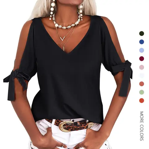 Women's Cold Shoulder Soft Polyester Blouse - Dressy Casual Deep V-Neck Short Sleeves Summer Tshirt with Airy Cutout Tie Details, Loose Fit (Coffee Date Outfit, Party; Pair with Leggings, Skinny Pants)