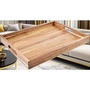 17 Inch Decorative Serving Tray with Handles – Acacia Wood Platter for Breakfast, Lunch, Dinner – Multipurpose Tray for Ottoman, Coffee Table, Patio – Lightweight & Durable Lap Serving Solution