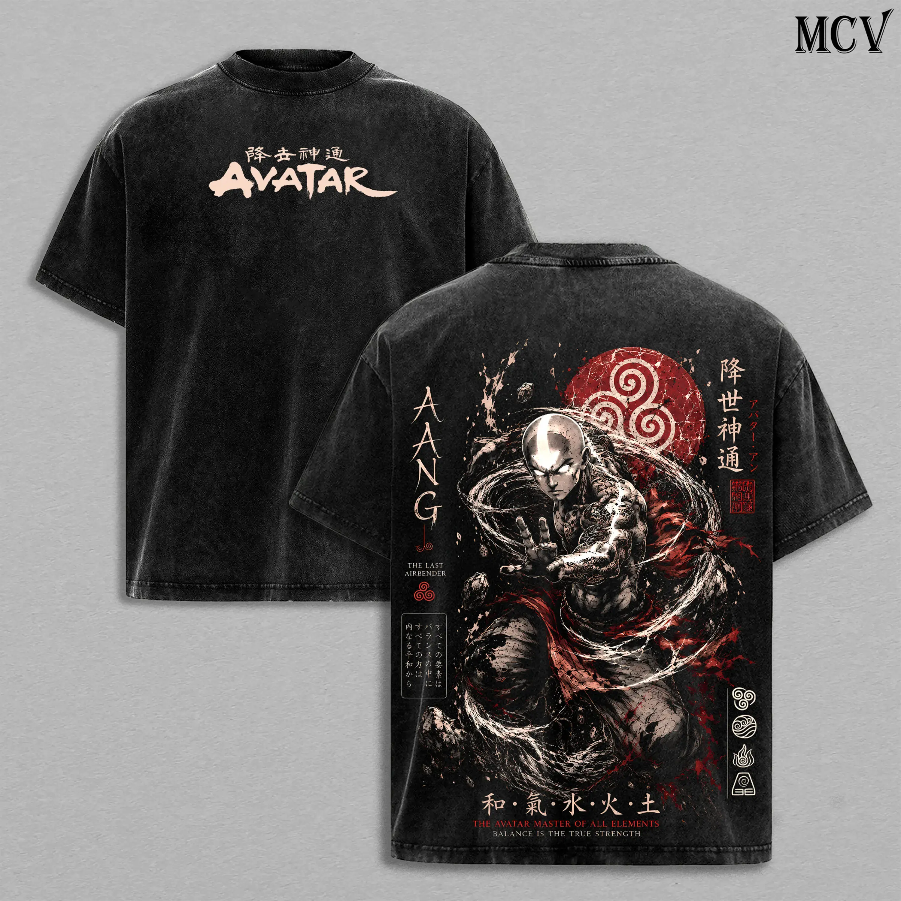 Vintage Washed Graphic T-Shirt, Double Printed Oversized Unisex Top with Aang Avatar Japanese Tattoo Art, Retro Streetwear Shortsleeve Tee, Aesthetic, Baggy, Retro Chic, Graphic Tee