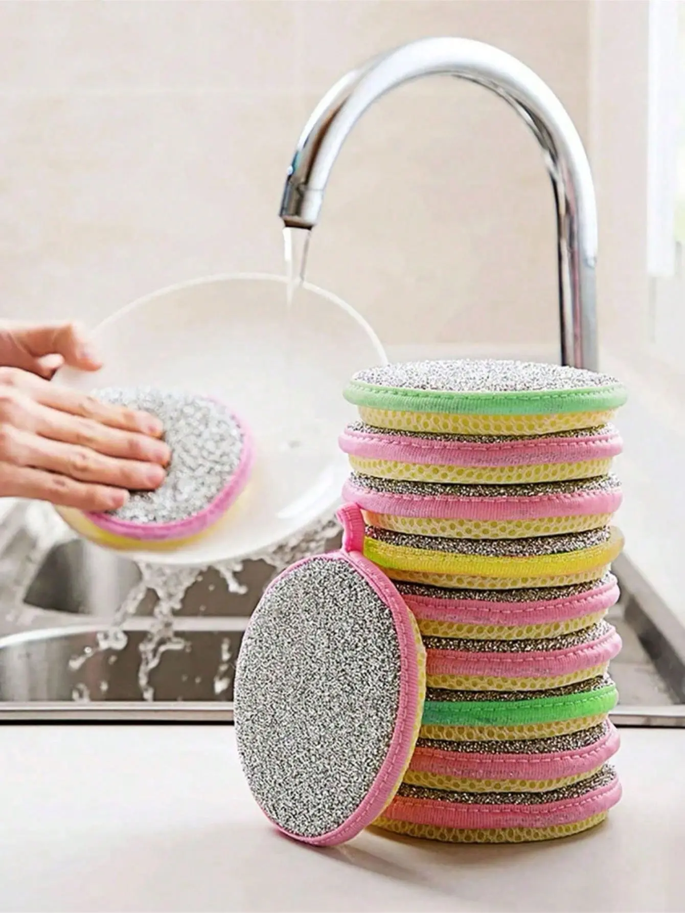 10PCS Round Dual-Sided Cleaning Sponge Scrubbers - Durable, Long-Lasting, Multi-Purpose Kitchen Tools for Grease-Stain Removal on Cooktop, Dishes