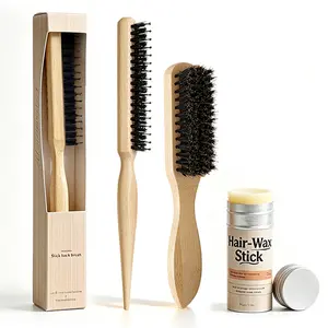 Slick Back Hair Brush Set (2 Boar Bristle Brushes + Hair Wax Stick) – Flyaway Tamer, Frizz Control, Sleek Bun & Ponytail Styling Kit for Women & Kids