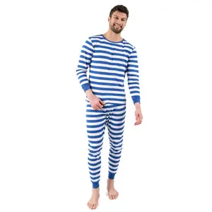 Leveret Mens Two Piece Cotton Pajamas Striped Blue and White XL