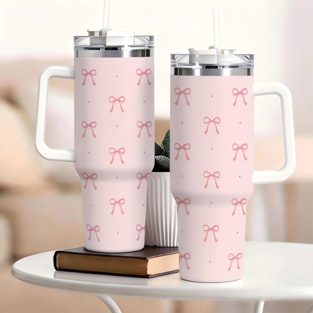 40oz Pink Bow Coquette Tumbler with Handle, Insulated Stainless Steel Travel Cup, Cute Reusable Coffee Mug with Straw & Lid, Gift for Women