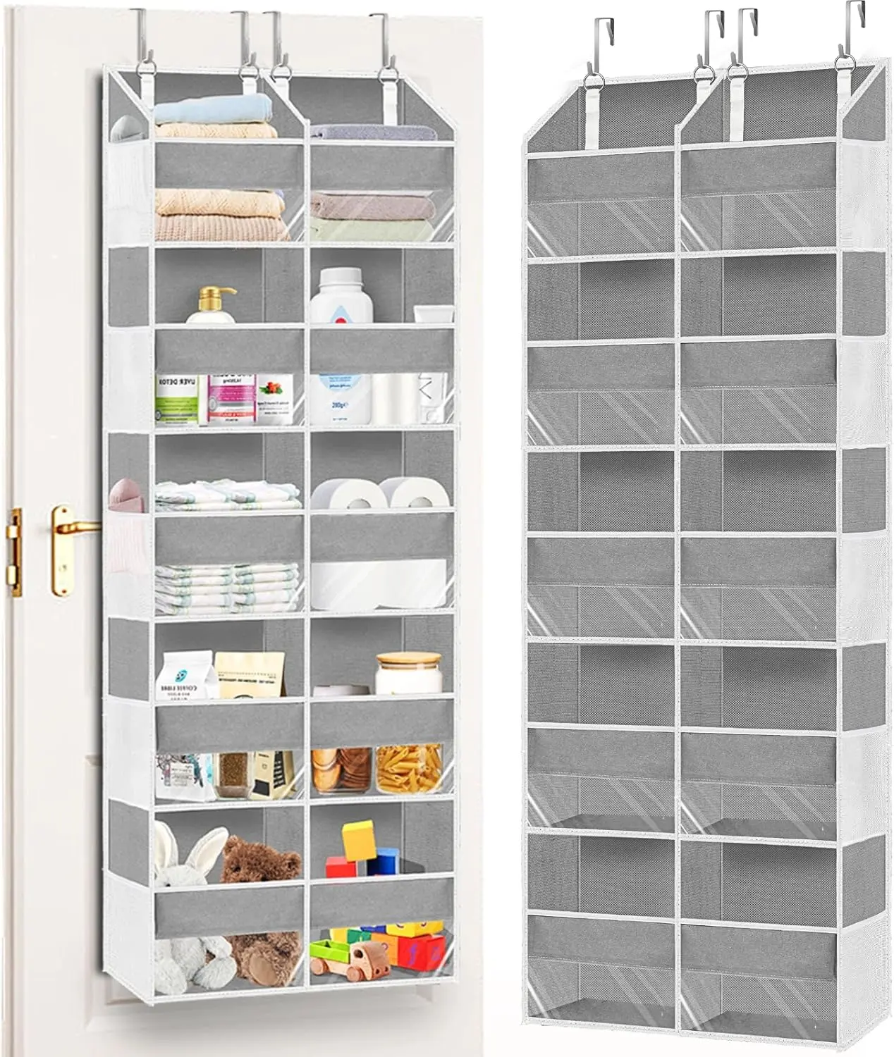 Over The Door Organizer 5Tiers, Extra Large Behind Door Storage of  Compartments, 80 lbs Weight Capacity Hanging Storage Organizer with Clear Window Kids Toys,Shoes,Diapers,Room Storage,Light Grey
