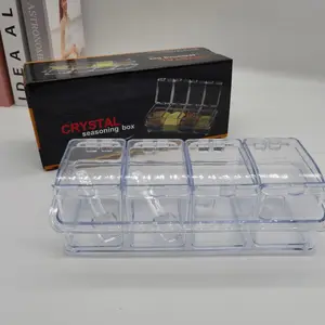A set of clear acrylic boxes with four compartments, including spoons, designed for clear spice storage. Ideal for storing salt, sugar and other condiments, this kitchen is perfect for restaurant use, Spice Jars, Containers