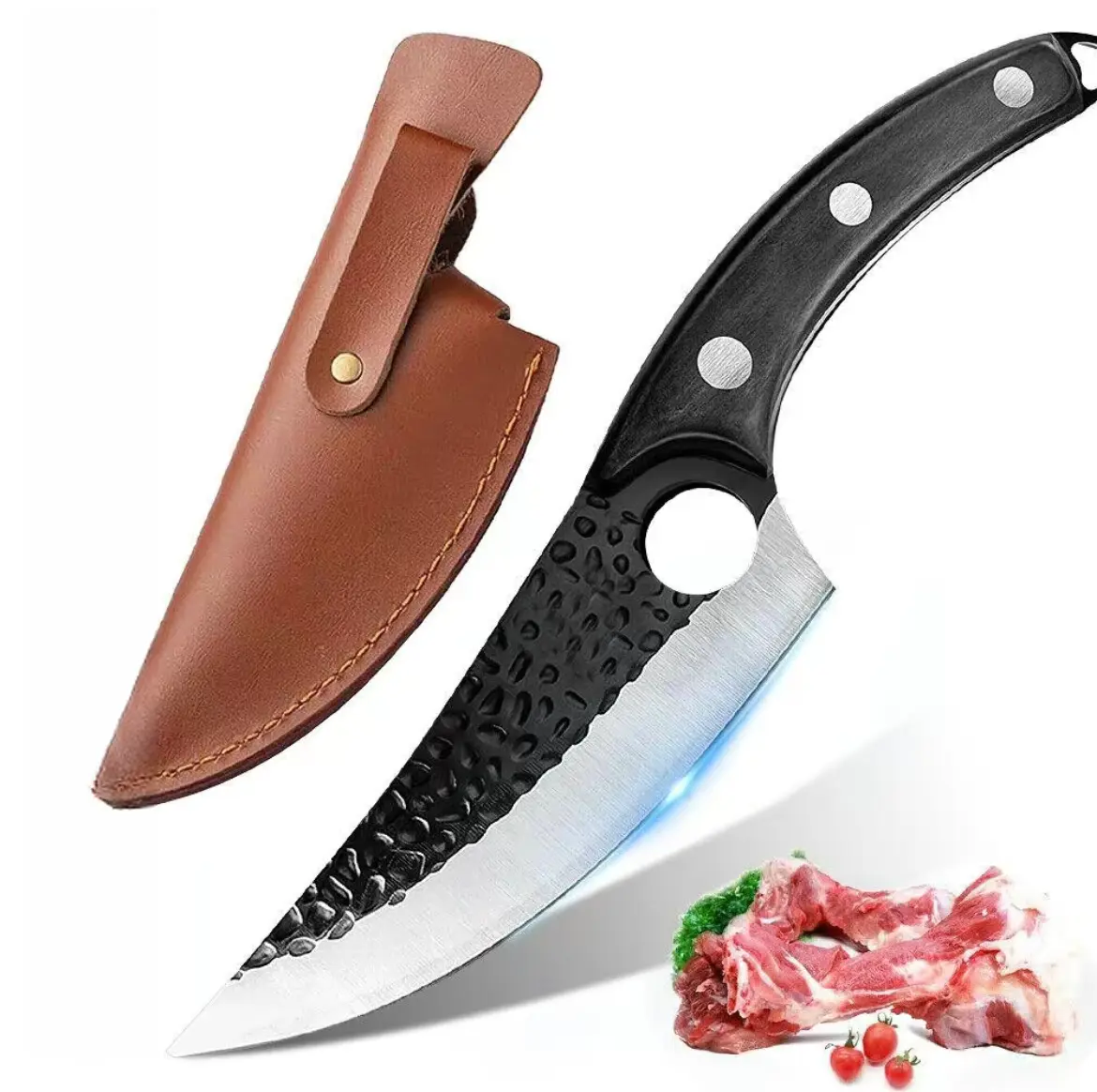Handmade Forged Stainless Steel Bone Knife - 6-in Sharp Forged Blade Kitchen Cleaver with Black Wooden Handle, Sheath, Versatile for Home Cooking & Outdoor Camping, Ideal Gift for Home Cooks