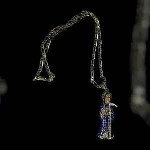Angel of Death Dark Blue Cz Stones 24' Inch Figaro Chain with Gold Plated and Copper Core Iced Pendant Featuring Red Eyes Charms Necklace Trendy Charm Necklaces Iced Out Jewelry Witchy Jewelry Cuban Link Design