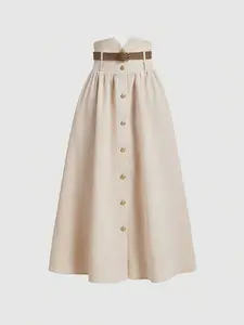 Elegant High Waist Fit Woven Skirt with Metal Buckle, Autumn Winter Fashion, Wedding Guest Dress, Office Workwear, Casual for Women