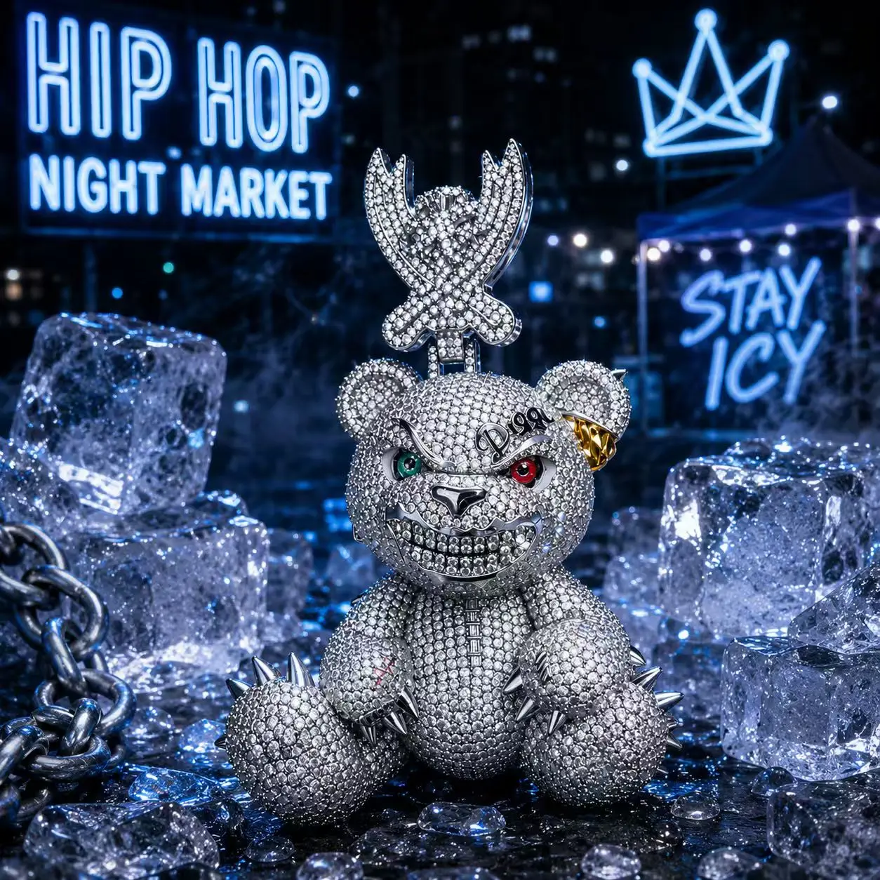 2020  Spiked Bad Teddy Bear Pendant | Fully Flooded Sparkling Angry Bear Statement Necklace for Rappers & Trendsetters