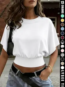 Women's Plain Minimalist Batwing Sleeve Tee, Casual Everyday Short Sleeve Round Neck Fit T-Shirt for Daily Wear, Womenswear Women's Top for All Seasons