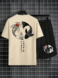 Men's Plus Size Printed Round Neck Short Sleeve T-Shirt and Drawstring Shorts Set, Matching, Casual Fashion, Loose Fit, Daily Wear, Outfit, Menswear