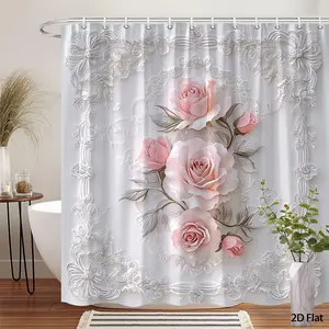 1 2D shower curtain featuring pink roses, silver leaves, and lace patterns, showcasing delicate floral designs in soft colors with a vintage feel. It embodies a romantic and elegant style, including 12 hooks, bathroom bathtub cover curtains