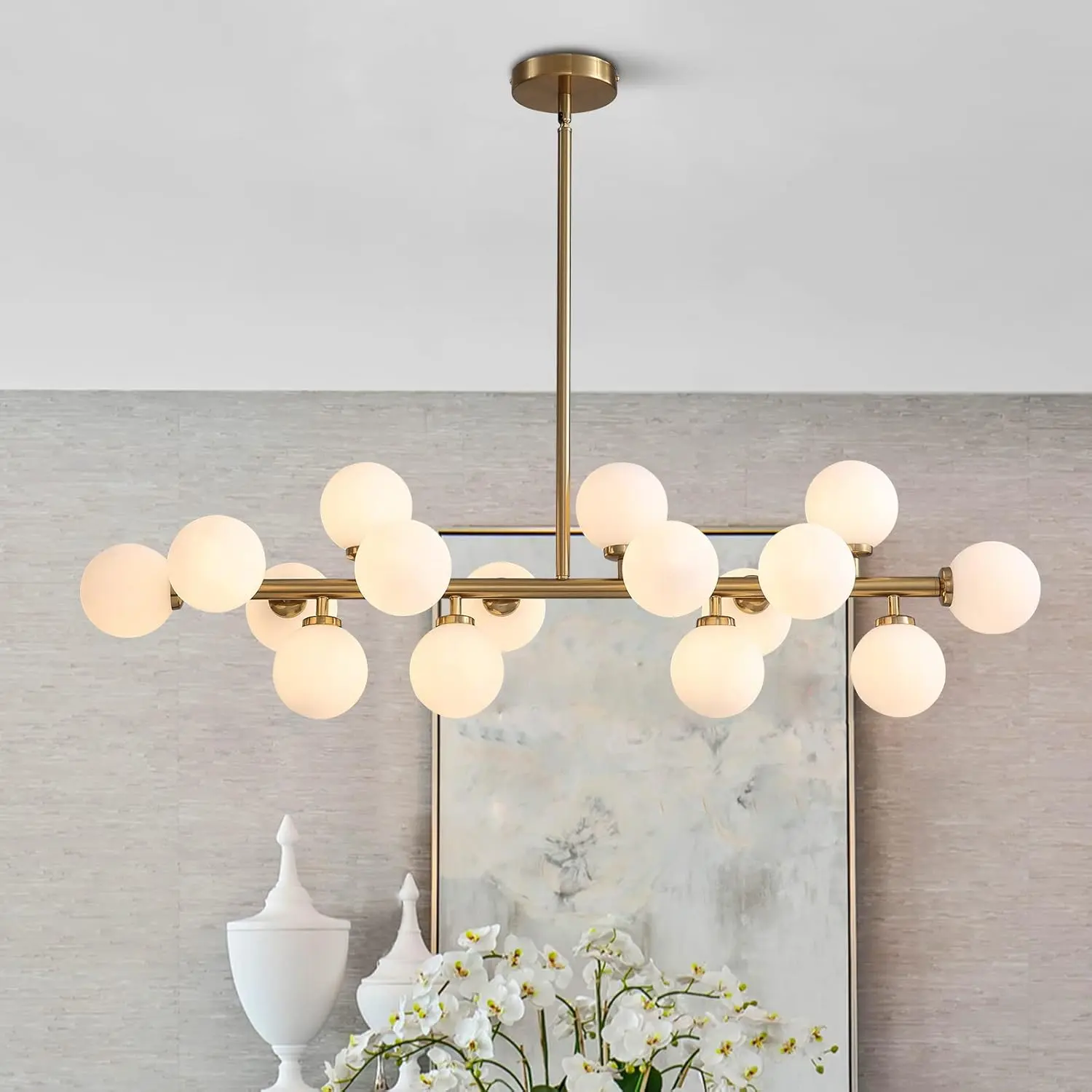 Mid Century Modern Chandelier Rectangle Pendant Fixtures Linear Sputnik Chandeliers for Kitchen Island Dining Room Over Table(Gloden/Black/Gray/Nickel/Amber）