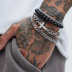 4pcs Cross Bracelets for Women Men Stackable Layered Stainless Steel Cross Chain Bracelet Cuban Link Bracelet Punk Jewelry Gifts for Dad Husband