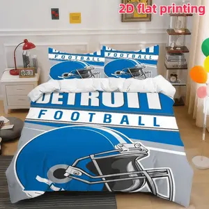 2D Flat 3Pcs Detroit Football Theme Duvet Cover - Vibrant Blue & Gray Design, Soft Microfiber Bedding (1 + 2 Pillowcases, Unfilled) for Sporty Bedroom Decor, Dormitory Room, Guest Room, Duvet Set