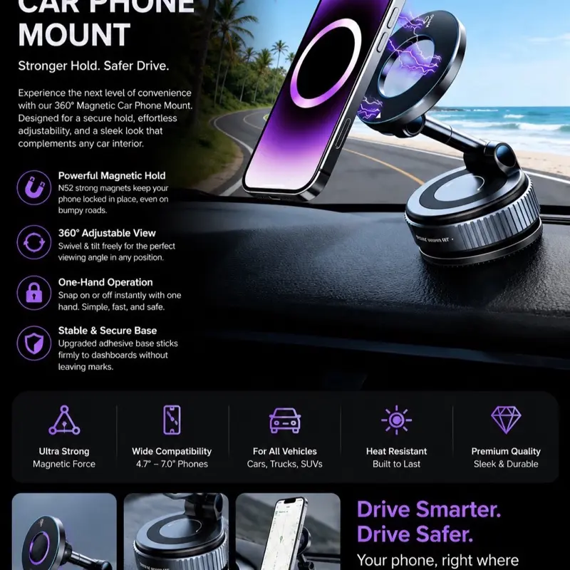 MagGrip Pro Magnetic Car Phone Mount - Round, 360° Adjustable Rotation Dashboard Mount, Powerful Magnet for Secure Grip, Heat-Resistant Built-to-Last Plastic Automotive Interior Accessory for Driving Safety