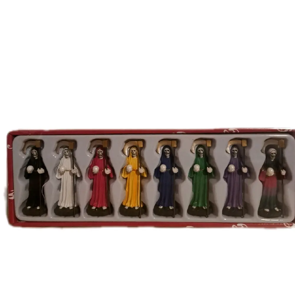 Santamuerte 8pc Set Mini Statues - 4 Inch Figures in Assorted Colors Decorative Decor Collectible Figurines Home Ornament