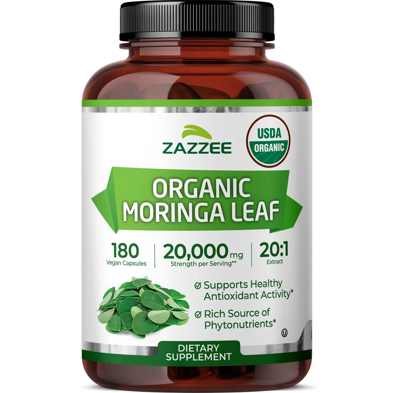 Zazzee USDA Organic Moringa Leaf 20:1 Extract Capsules - 20X Concentrated Moringa Oleifera Green Superfood Supplement for Women and Men - Potent Plant Based Nutritional Support for Everyday Wellness and Vitality - Vegan Non-GMO Kosher Botanical Formula