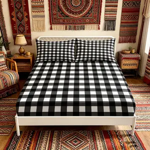 Classic checkerboard pattern black and white three piece bed sheet set without filling, fully wrapped non slip mattress protective cover, creating an ins style bedroom