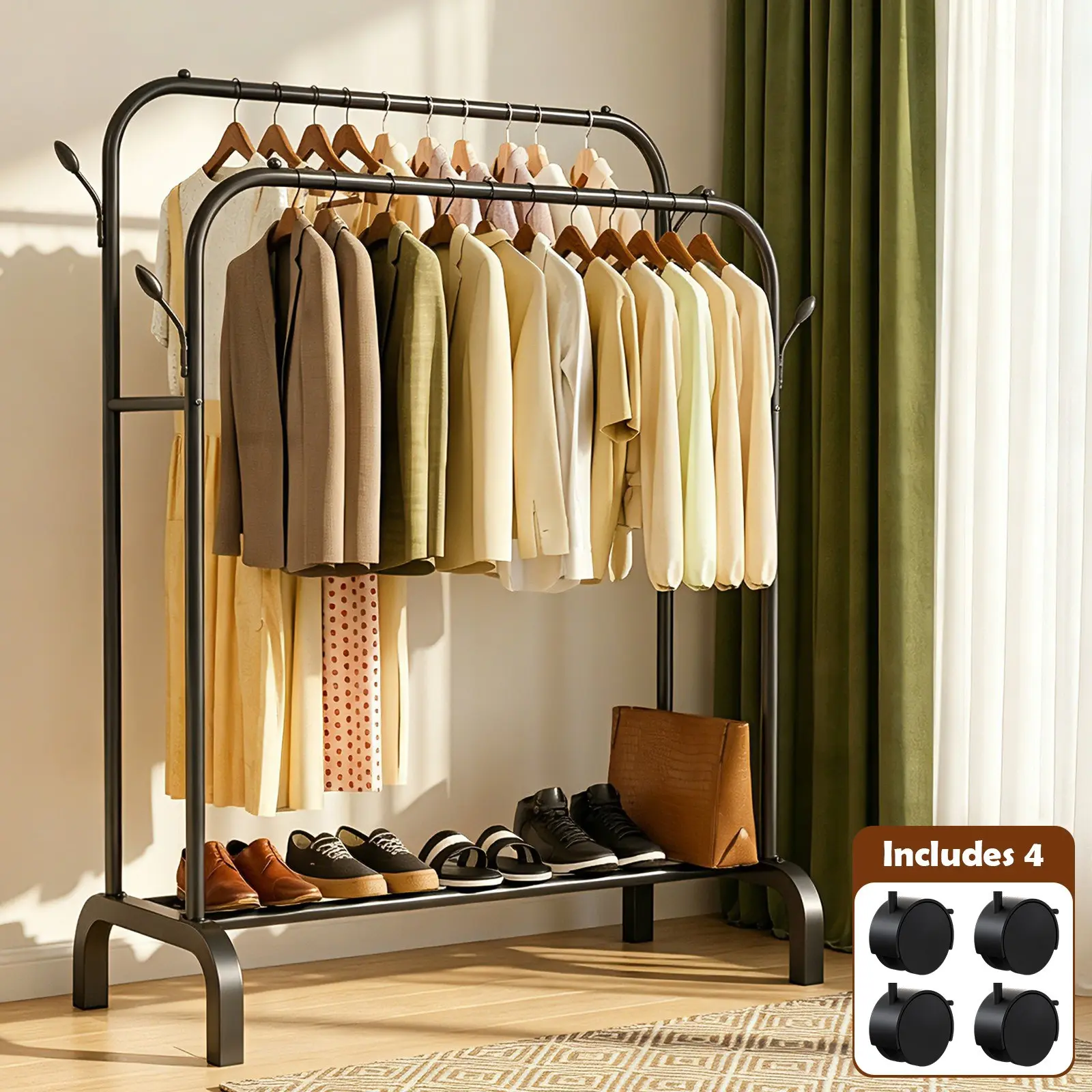 Portable Double Rod Hanging Clothes Rack with Storage Shelf & Wheels - Space-Saving Mobile Wardrobe Suitable for Room, Balcony, Dorm, for Organization - Assembly, Contemporary, Black