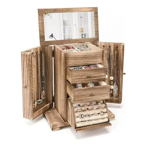 Rustic Wooden Jewelry Box with Mirror, 4-Layer Organizer for Rings, Necklaces & Earrings