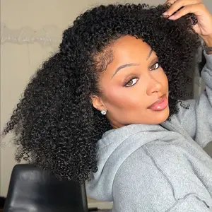 3 IN 1 Half Wig Seamless Flip Over Human Hair 180% Density Glueless Afro Curly Wear and Go Wig Drawstring Headband Wig for Black Women