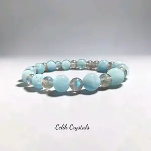 Natural Aquamarine & Labradorite Stretch Fit Bracelet, 8mm & 6mm Beads, Unisex Stretch Natural Crystal Bracelet