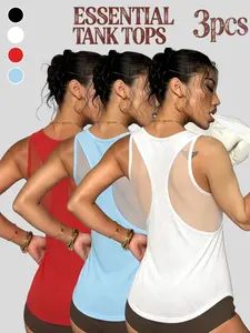 3-Pack Women's Sporty Vest, Breathable Contrast Mesh Design, Casual Fitted Top, All Seasons Training Wear, Comfortable Sleeveless Shirt, Tank Vest