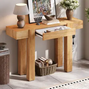 Rustic Minimalist Solid Wood Console Table with Thick Top, Hidden Drawer, Side Power Outlets, Adjustable Ft - Indoor Entryway Table for Living Rooms, Home Offices, Power Outlet, Wood Grain