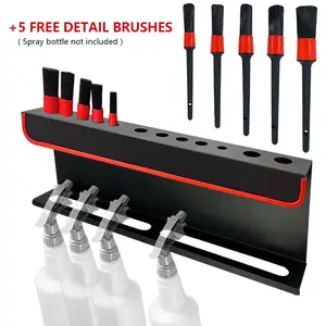 2-in-1 Professional Automotive Cleaning Kit Including a 5-piece detail brush set and a multifunctional spray bottle holder (designed to store up to 12 brushes and hang the spray bottle beneath it)