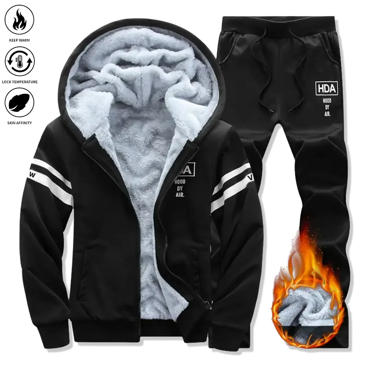 Men's Sherpa Fleece Lined Tracksuit, Heavyweight 2-Piece Athleisure Wear Set with Letter Print Hoodie and Fitted Joggers with Zippered Pockets, Universal, Athletic Style Activewear, Long, Pants, M, Hooded Top Adds Instant Street Edge, Hooded Top For Cozy,