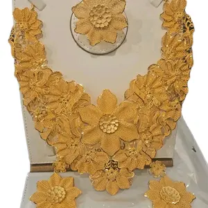 Big Gold Plated Jewelry Set with Floral Designs Necklace Earrings and Bracelet