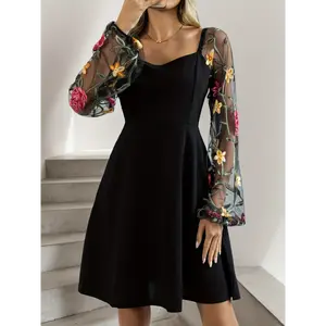 Women's Elegant Square Neck Floral Embroidered Sheer Lace Long Sleeve Dress - Fitted Mid-Length Casual to Dressy Spring/Fall Machine Washable, Dress, Fall Fashion, Balloon Style, Delicate Embroidery