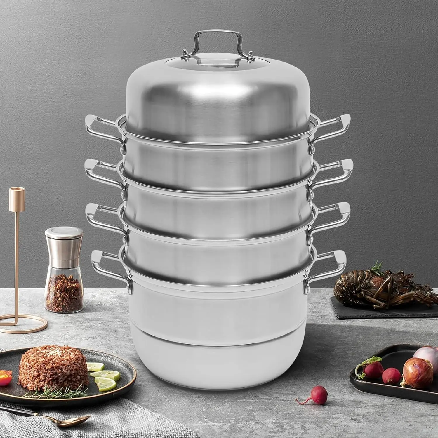 9L Stainless Steel Steamer Pot, Steaming Pot for Dumpling Vegetable Pasta, 3 Tier Multi-functional Stackable Steamer Pot Set with Glass Lid Steamed Slices and Handles, 12in Diameter Ceramic Cookware Round Holes Induction Sturdy