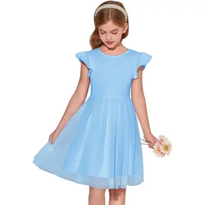 Haloumoning Girls Tutu Dress Ruffle Short Sleeve Fluffy Summer Party Tulle Dress for Kids 5-14Y