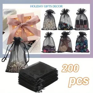 Set of 200 Organza Bags with Drawstring Black Mesh Gift Bags Small Bags for Wedding Party Favor Bags Jewelry Storage Bags, 4''X6''
