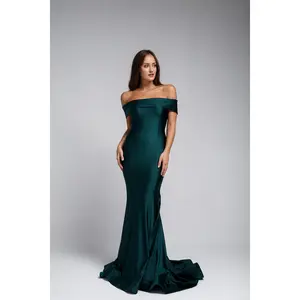Off-the-Shoulders Satin Fitted Emerald Evening Dress AC373