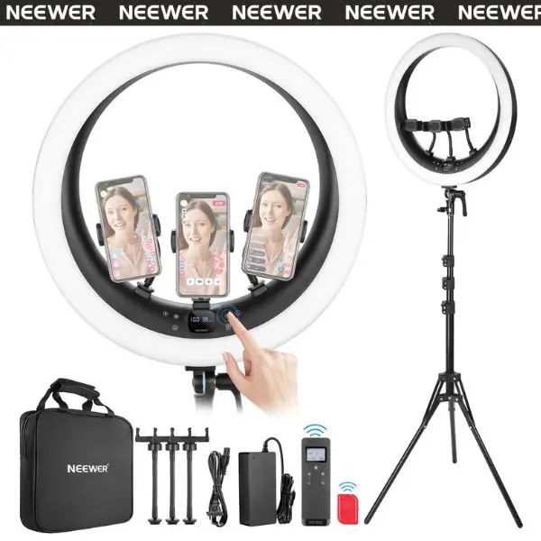 NEEWER RP19H 19" Alloy Adjustable Ring Light with Tripod Stand, 3 Cellphone Mounts, 2.4G Wireless Touch Controller, Bluetooth Selfie Remote, Camera/Phone Accessories for iPhone/Android Video Recording, Streaming