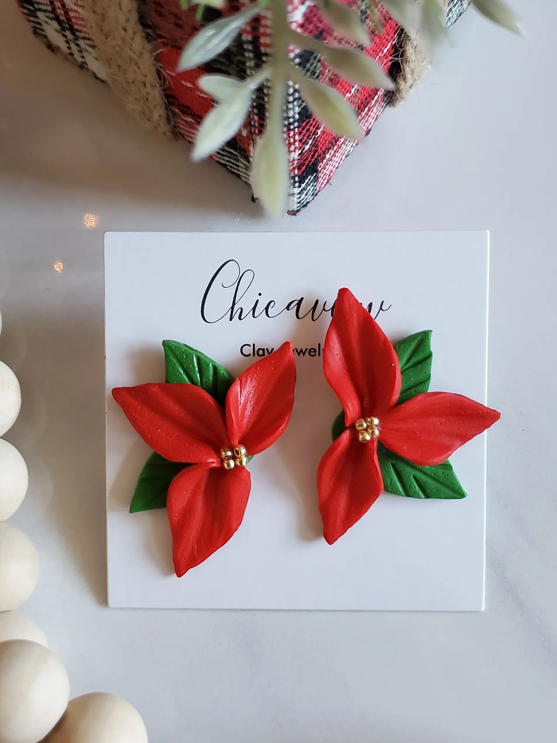 Polymer Clay Earrings - Christmas Red Half Poinsettia Earrings