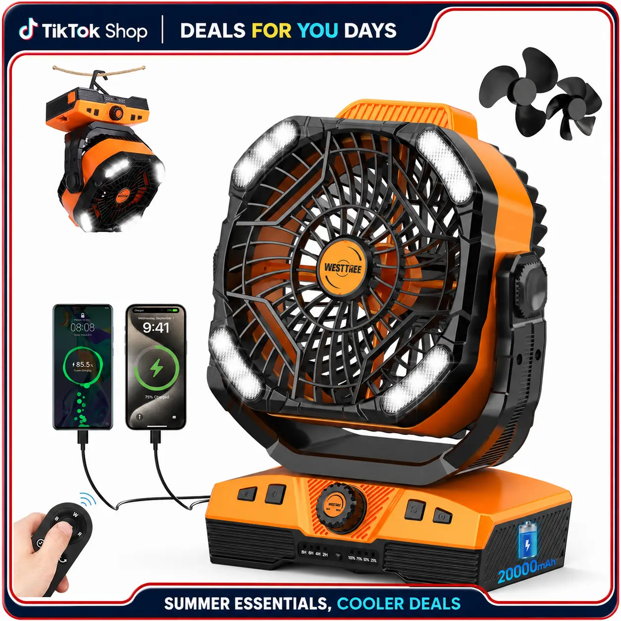 WESTTREE  Portable Camping Fan, 20000mAh Rechargeable Battery Powered Tent Fan with LED Light, Remote Control, 5 Speeds, Timer, Power Bank for Outdoor Camping,Travel,dorm essentials,home essentials