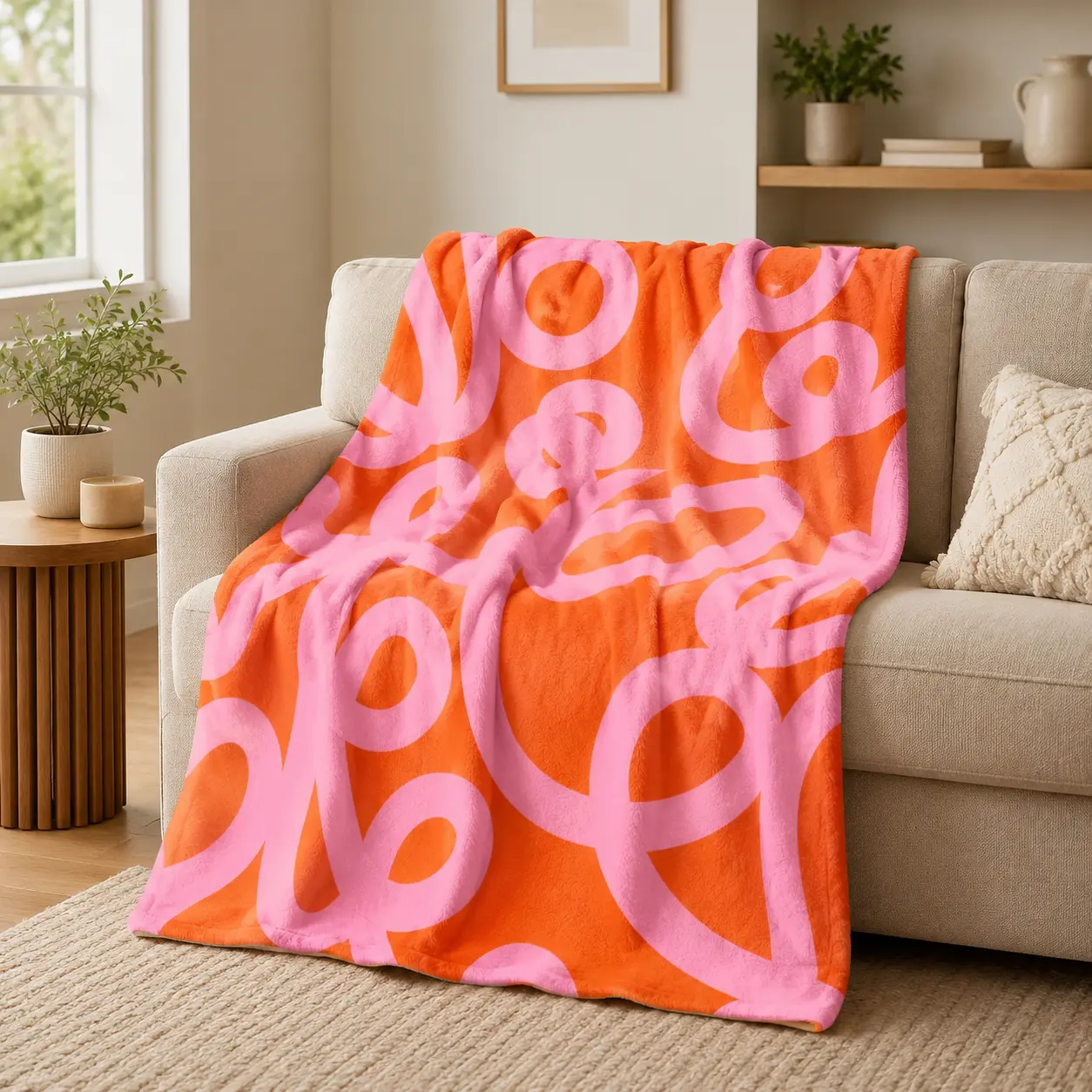 New Arrival Morandi Pink Orange Abstract Swirl Line Flannel Throw Blanket, Lightweight Soft Fuzzy Plush Blanket for Sofa Couch Bed, All Season Cozy, Trendy Preppy Modern Aesthetic Gift, Bright Curvy Abstract Art Dorm Bedroom Living Room Home Decor