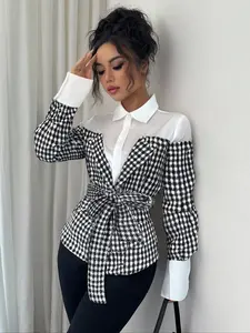 Design Sense Faux Two-Piece Plaid Houndstooth Shirt, Waist-Tied Button-Down Long Sleeve Top, Commuter Casual Versatile Women's Clothing